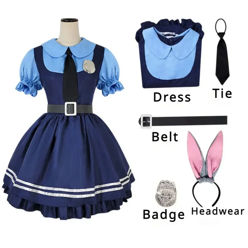 Movie Zootropolis Judy Cosplay Costume Women Dress Belt Tie Headwear Badge Full Set Men Police Role Play Uniform Suit Halloween