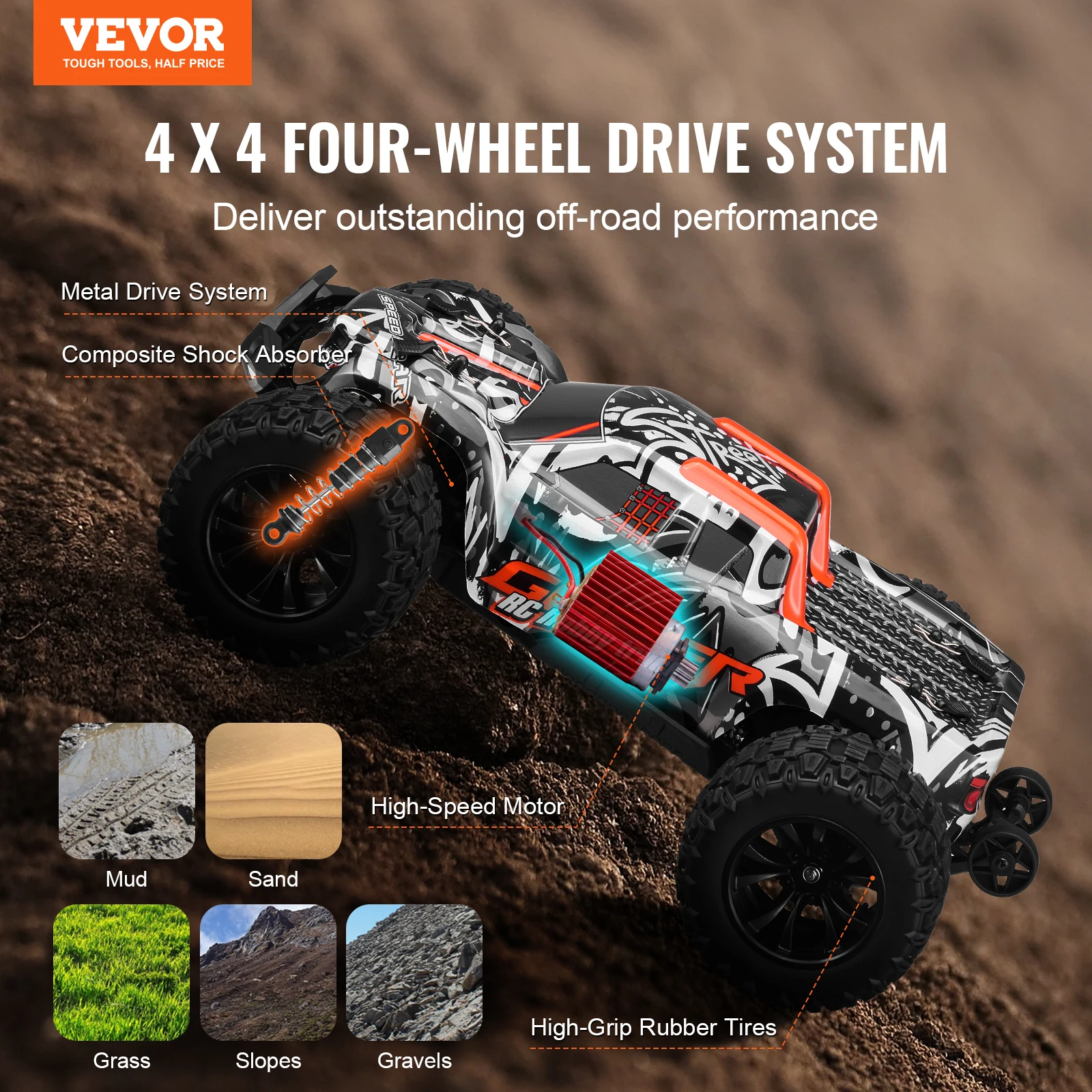 VEVOR 1:14 Brushed 38KM/H 4WD RC Car All Terrain Off-Road Toys with 2 Batteries Monster Drift Racing Truck for Kids Boys Gifts