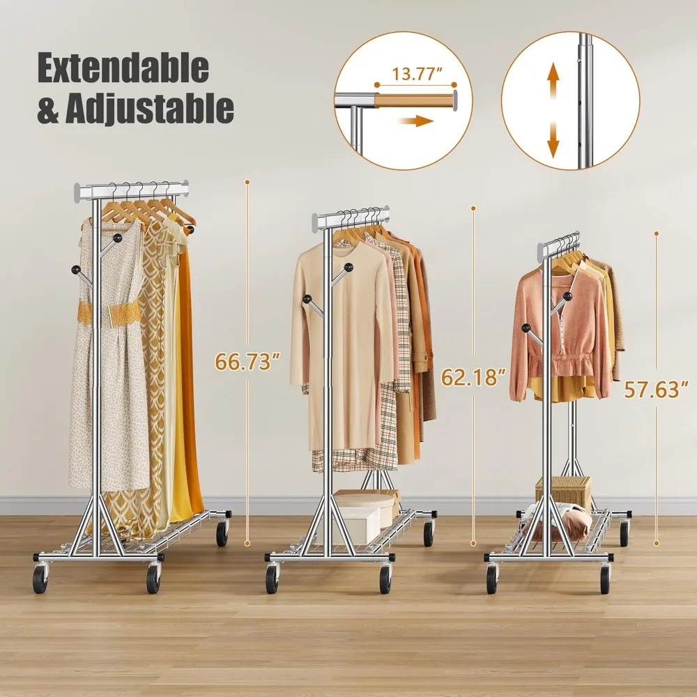 Appendiabiti in metallo resistente con capacità di 530 libbre, può contenere 200 pezzi, pieghevole, portaoggetti portatile con ruote