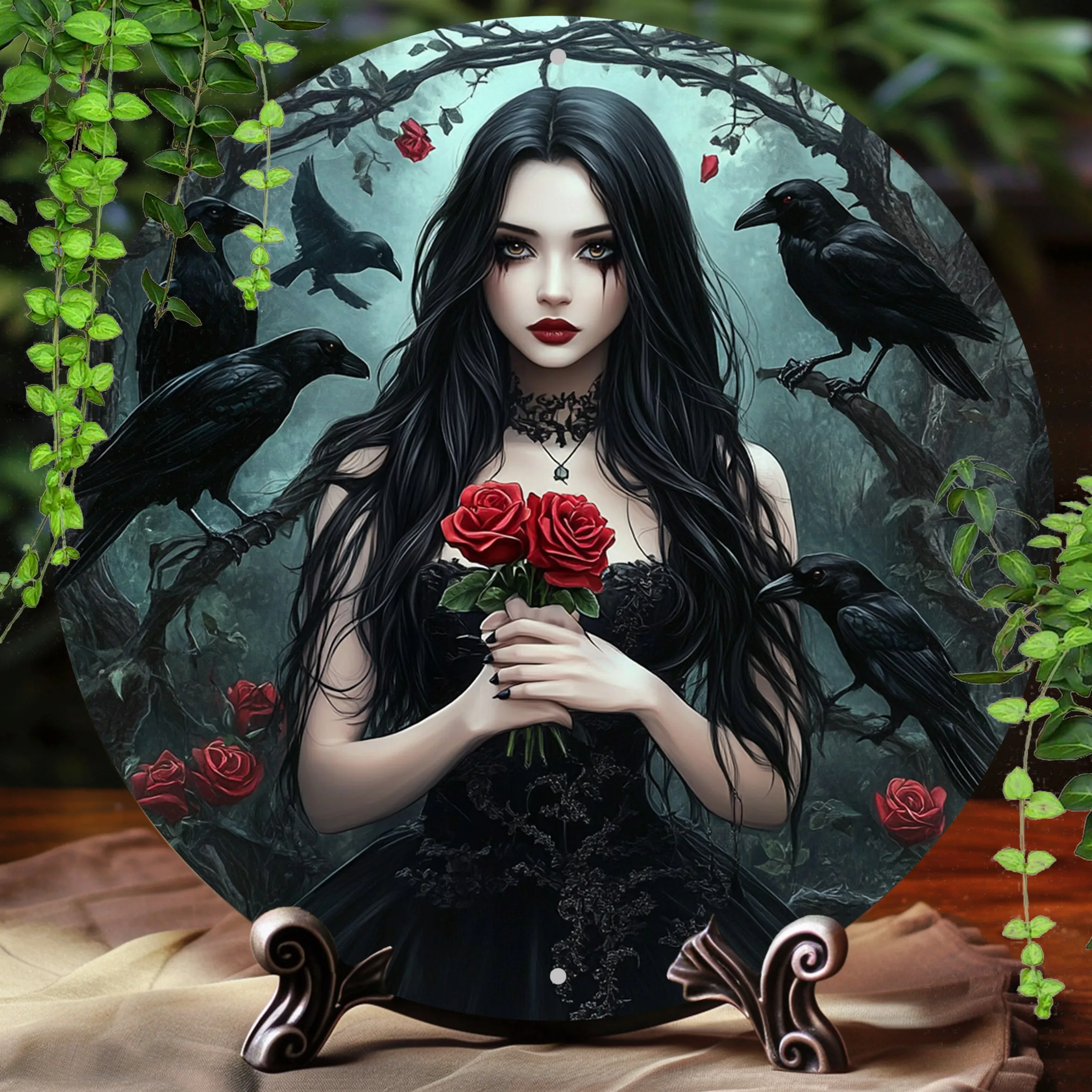 1pc, 20.32x20.32 cm Round Vintage Metal Aluminum Sign, Crow & Elf Themed 2D Flat Print, Classic Wall Art for Bar, Kitchen, Coffe