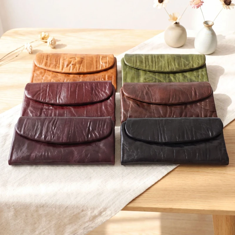 Retro Vegetable Tanned Genuine Cowhide Leather Clutch Wallet 3‑Fold Design Multi Card Slots Long Wallet for Men Large Capacity