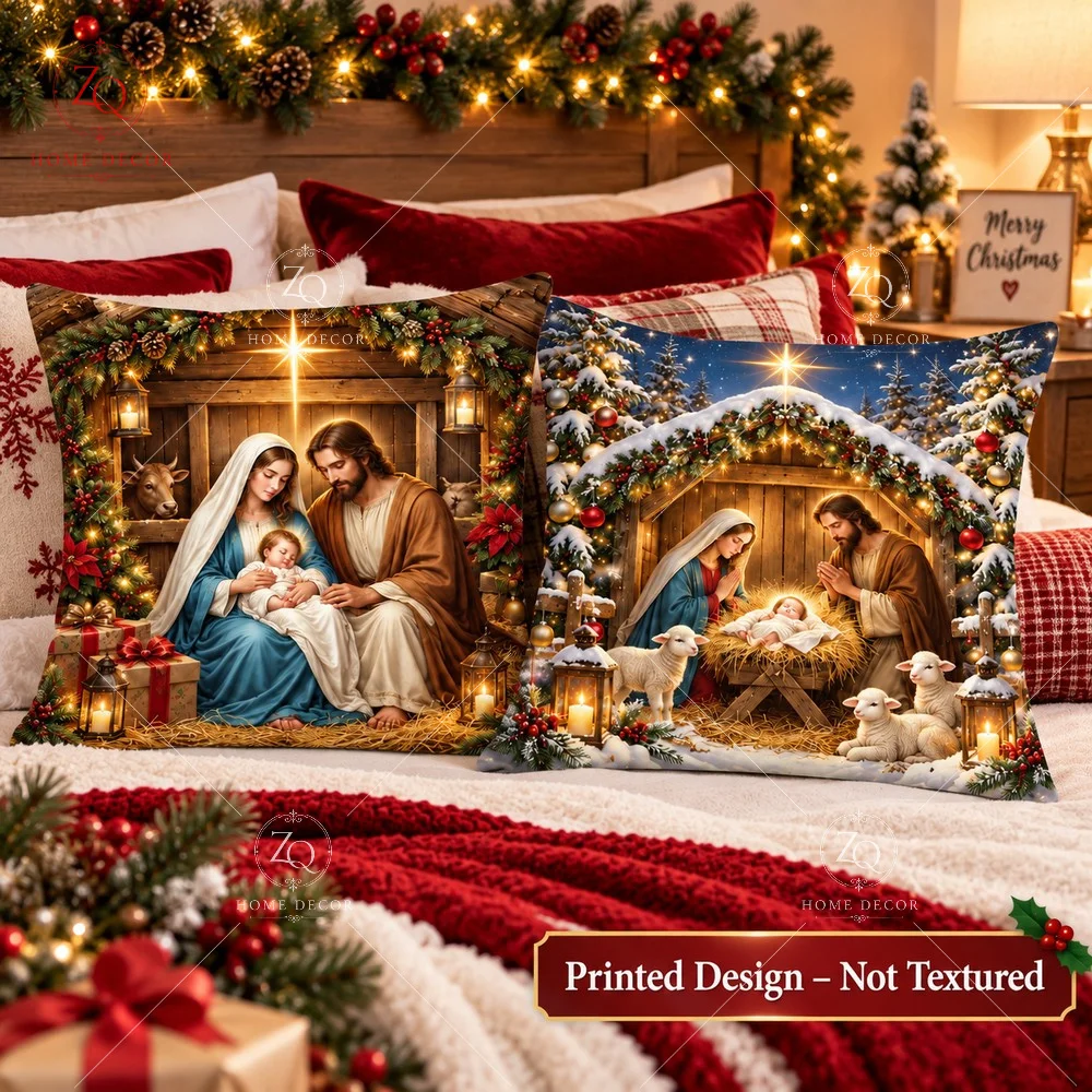 Christian Xmas Cushion Cover Peach Skin 2D Flat Printed Nativity Scene Pillowcase Jesus Lamb Throw Pillow Cover Couch Home Sofa