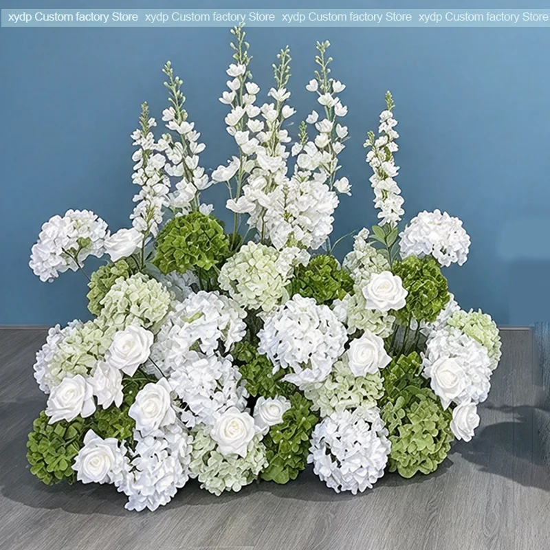 5D Grüne und weiße Hortensien-Hochzeitskulisse, Ochsenhorn-Bogen, Blumenläufer, Rosen-Blumenreihe, Arrangement, Event-Party-Requisiten, Dekorationsausstellung – Detail 3