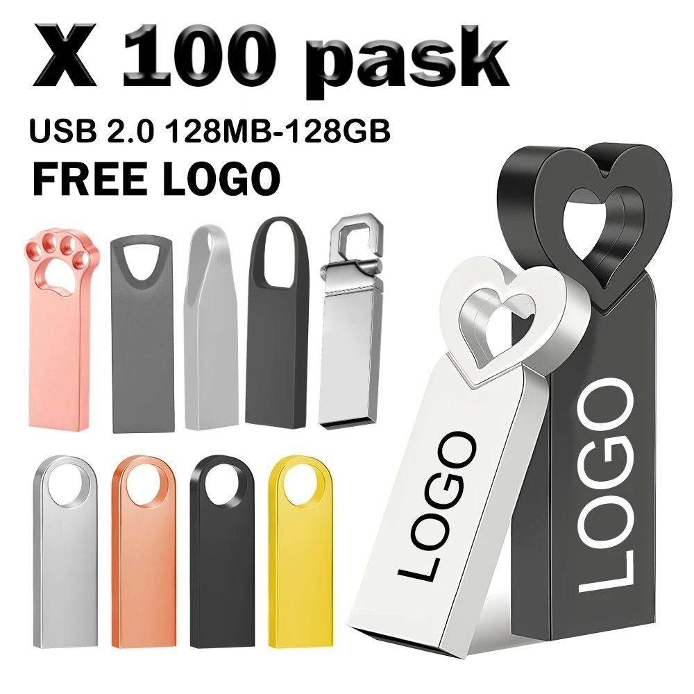 100PCS/lot Metal Pen Drive 64GB 32GB 16GB USB Flash Drive 8GB 4GB U Disk 2GB 1GB 128M 256M 512M Key Usb Stick Free Custom Logo
