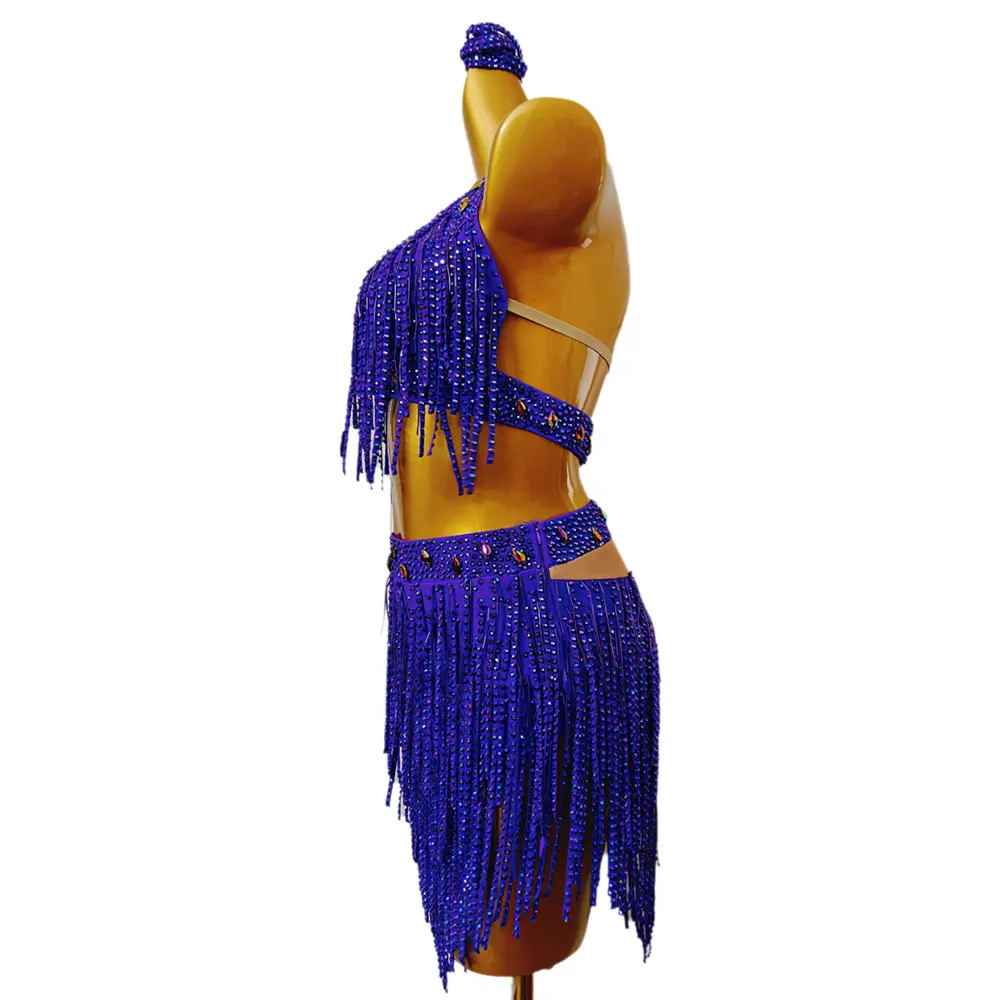 Latin Dance Women's High-end Customized Diamond Bar Bead Tube Splicing Split Style Cha Cha Samba Performance Rhinestone Dress