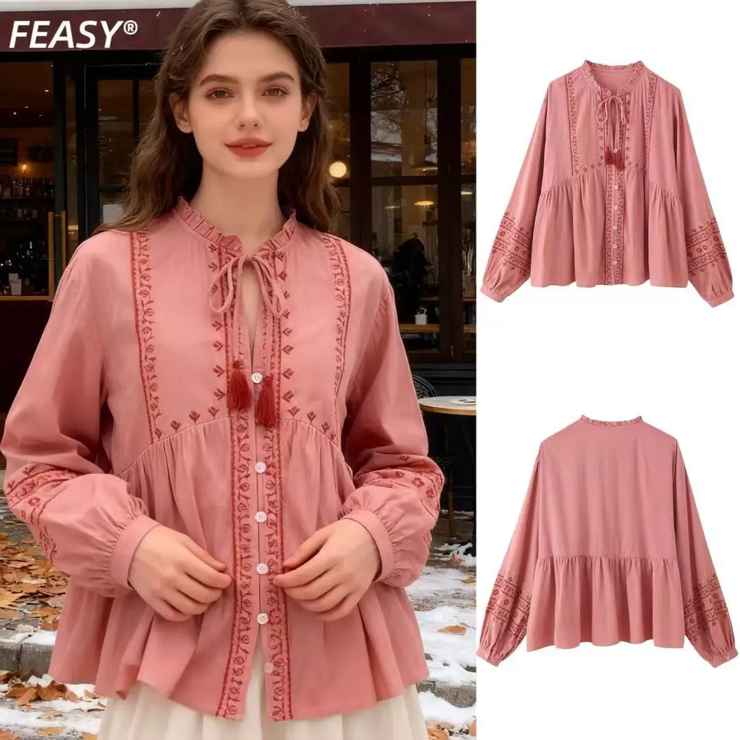 

Women's Loose Long-Sleeve Top Autumn Fashion Button Multifunctional Color-Blocked Embroidered Shirt Bow Tie Blended Blouse