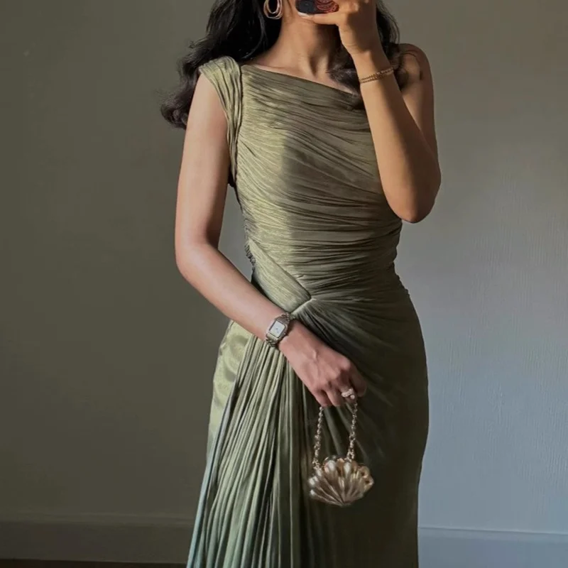 

2025 Female Fashion High Waist Elegant Dress for Women Off Shoulder Sleeveless Chic Evening Dresses Spring Summer Party Dress