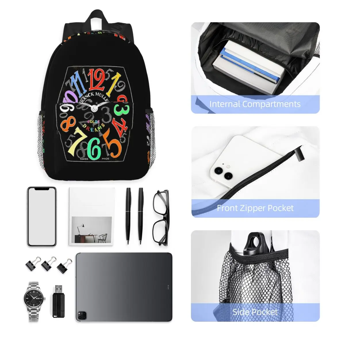 Franck Muller Color Dreams Hand Drawn Watch Face Backpack Student Boys Girls BookBag Men Women School Bag Laptop Shoulder Bags