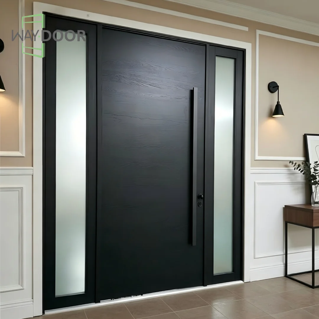 

Certification Finished Oak Mahogany Wooden Entrance Single Pivot Door With 2 Glass Sidelights Soundproof Solid Wood Front Door