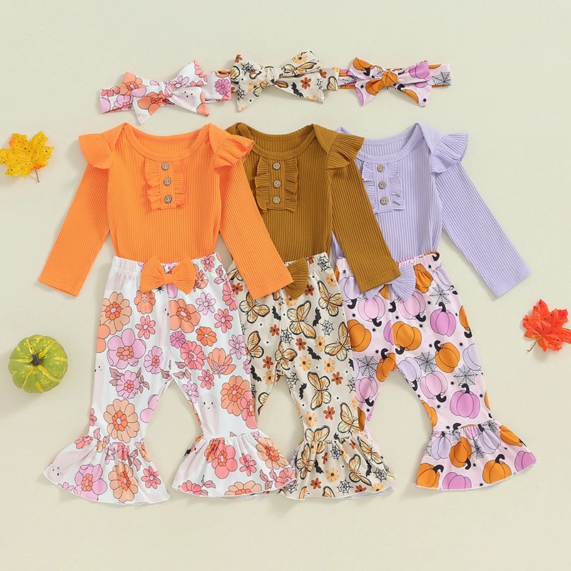 

Baby Girl Halloween Outfits Solid Color Long Sleeve Romper Pumpkin/Butterfly/Floral Print Flare Pants Headband 3Pcs Clothes Set