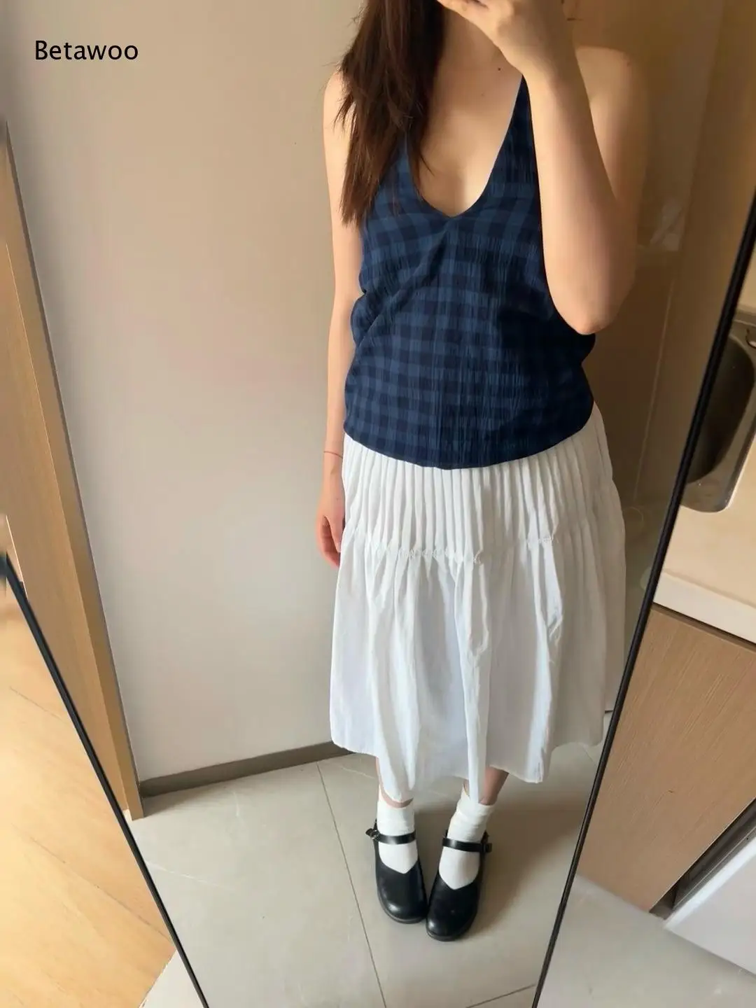 Elastic Waist Two-Tier Pleated Skirt Vertical Micro Pleat Flared A Line Swing Mid Length Skirt Casual Office Daily