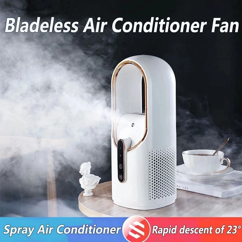 

2023 New Bladeless Fan Desktop Humidifier Refrigeration Rechargable Spray Cooler Cooling Fan Portable Leafless Camping Fan