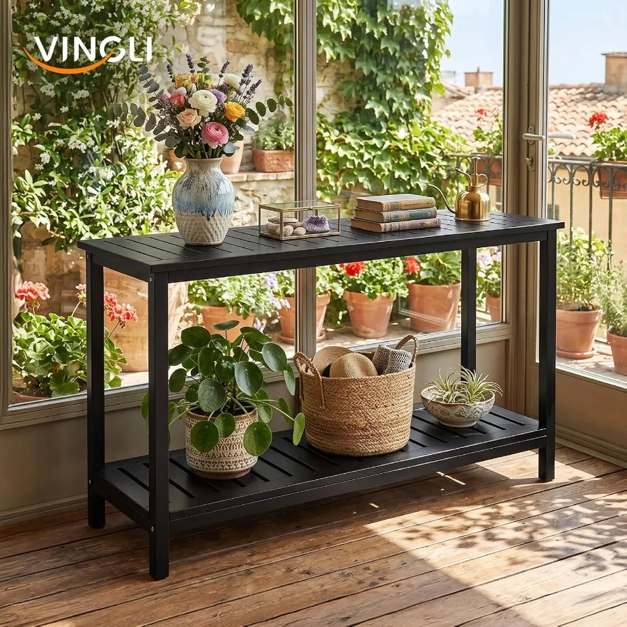 49in Solid Wood Outdoor Console Table, 2-Tier Patio Buffet Bar Table, Multi-Functional Storage Sideboard for Garden, Porch, Bal