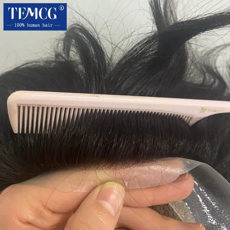 Promosi Australia-Lapisan Ganda 100% Rambut Manusia Alami Rambut Palsu Pria Rambut Palsu Renda Dasar PU Wig Sistem Sejuk untuk Pria