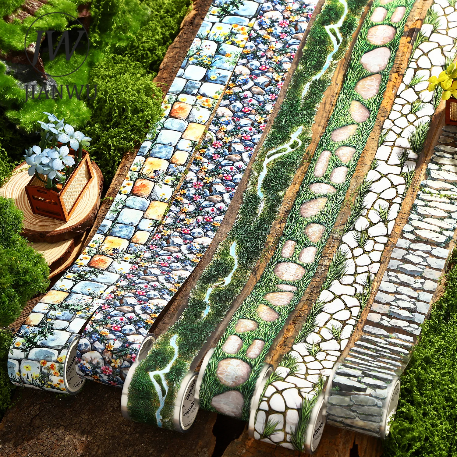 JIANWU Stone Path Series Vintage Plant Flower Stone Road Landscape Material Collage PET Tape Creative DIY Journal Stationery