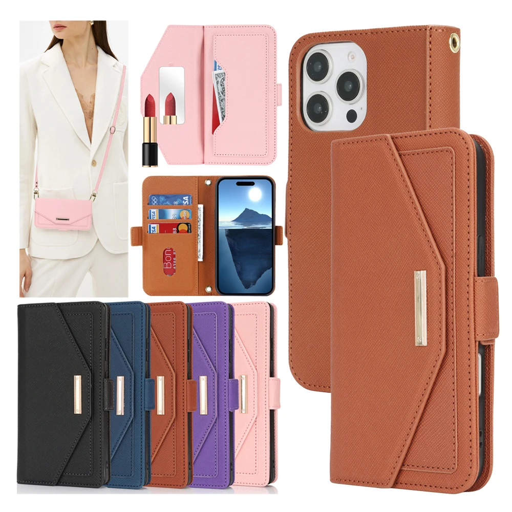 

Lanyard Crossbody Wallet Case Kickstand Leather Flip Case Kickstand Phone Cover For iphone 16 Plus 15 Promax 14 Pro 13 12 11