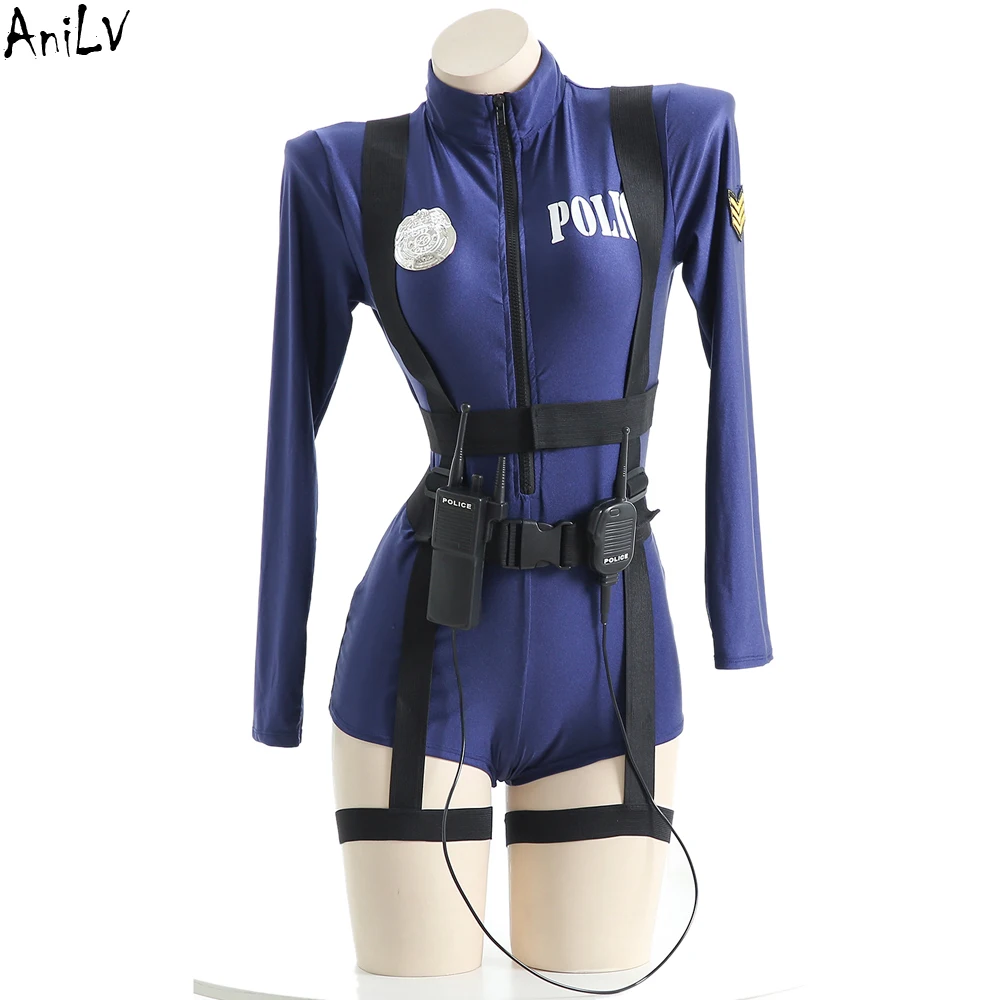 

AniLV Role Play Police Women Uniform Outfits Sexy Lingerie Tight Bodysuit Strap Belt Jumpsuit Pajamas Erotic Costumes