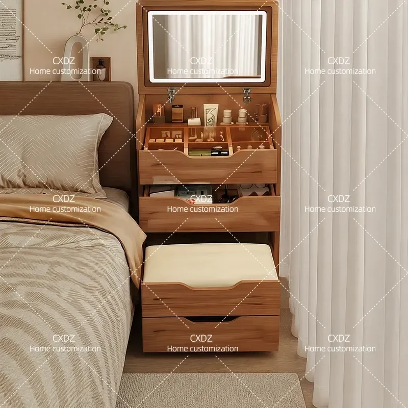 Tocador de Madera Maciza con Gabinete de Almacenamiento para Dormitorio, Apartamento Pequeño, Ventana de Mirador, Escritorio Integrado