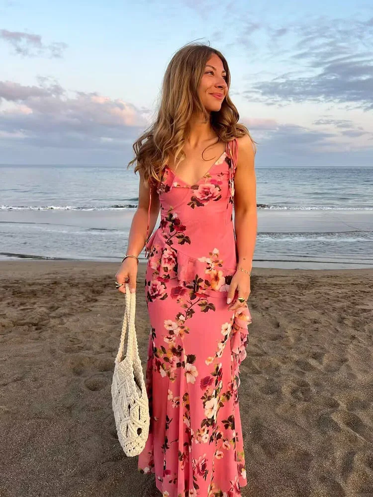 HH Vrouwen Zomer Bloemen Prints V-hals Mouwloos Asymmetrie Versieren Top + Mode Hoge Taille Geplooide Lange Rok 2-delige Set