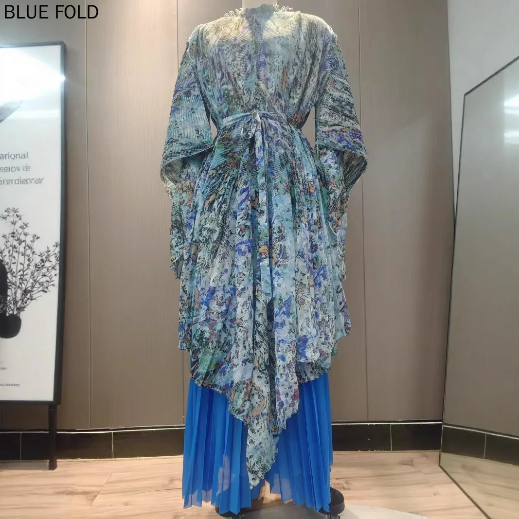 

MIYAKE PLEATS Suit Fashion Temperament Two-piece Senior Loose Plus Size Printing Design Top High Waist Wide Leg Pants Set