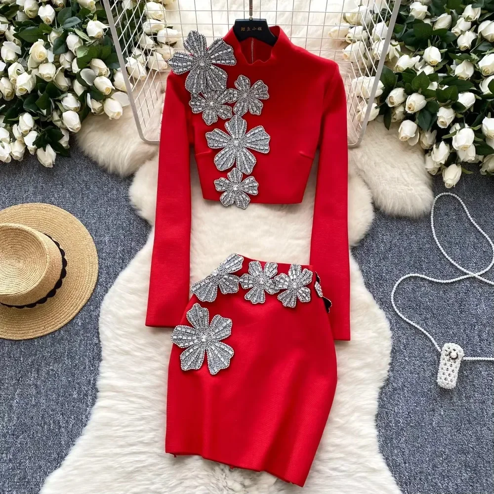 Eleganti set in due pezzi con scollo alla coreana manica lunga chic top floreale 3D gonna corta a vita alta sottile da sera abbigliamento autunnale da strada