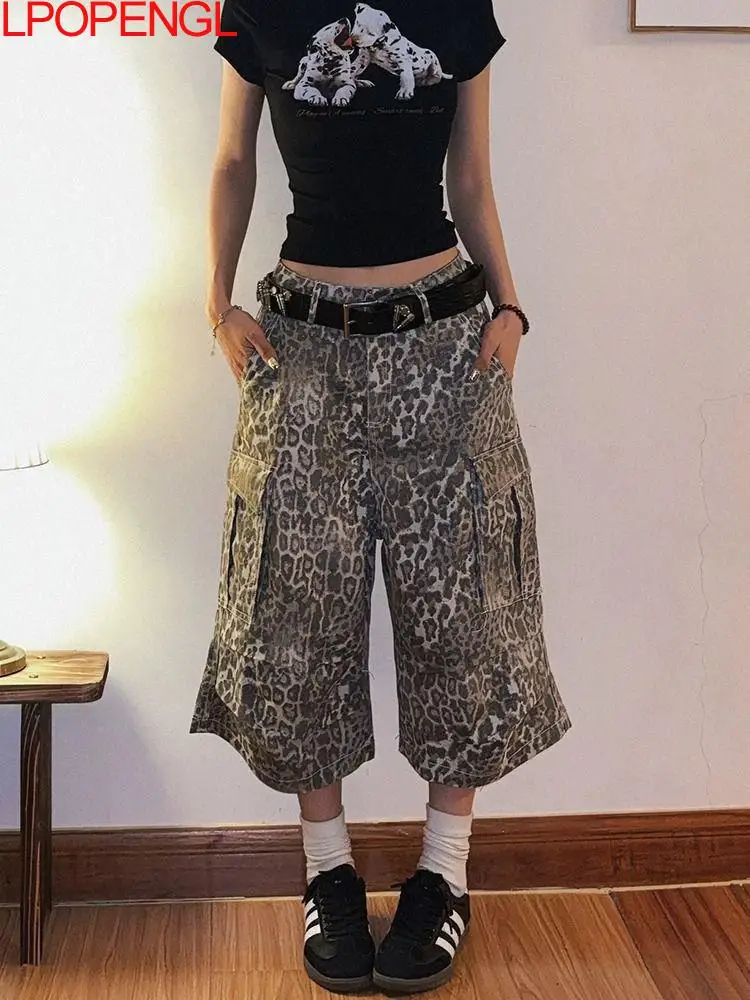 American Leopard Print Workwear Denim Calf-length Pants 2026 New Women Summer Streetwear Personality Casual Large Pocket Shorts