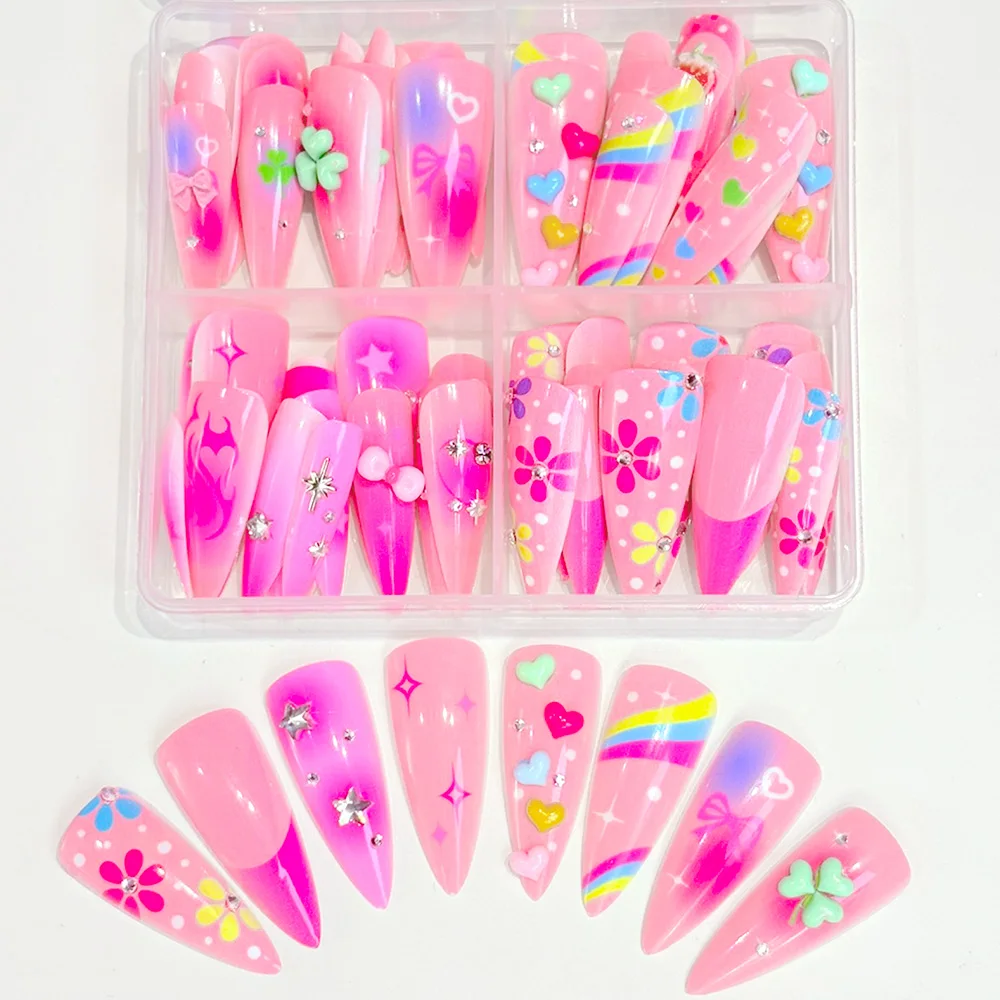 96 Stück lange Stiletto-Press-On-Nägel mit 3D rosa Herz-Blumen-Kleeblatt-Motiv, künstliche Nägel, vollständige Abdeckung, falsche Fingernägel für Y2K-Girls, Nagelkunst
