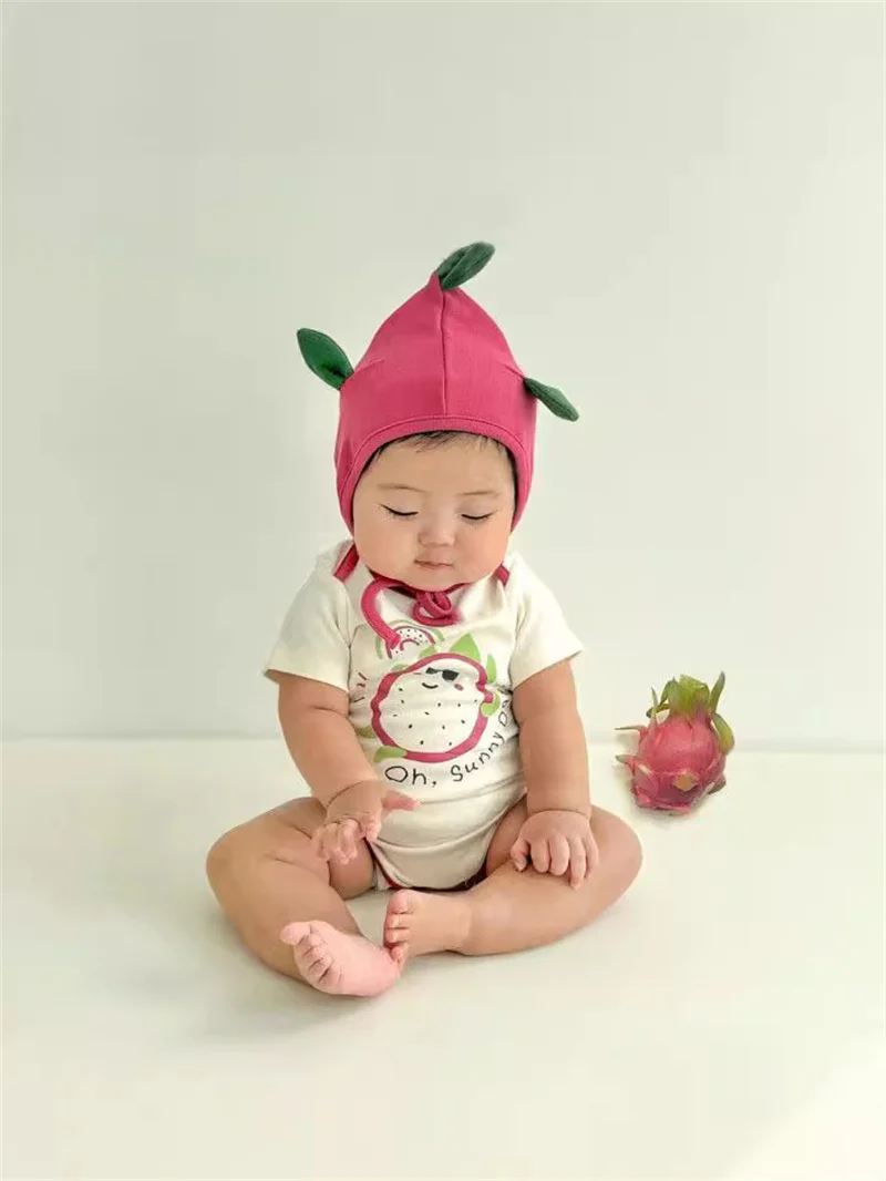 Funny Pitaya Print Baby Clothes Rompers For Boys Girls Cotton Short Sleeves Bodysuit Cartoon Child Jumpsuits  Clothing With Hat image 2