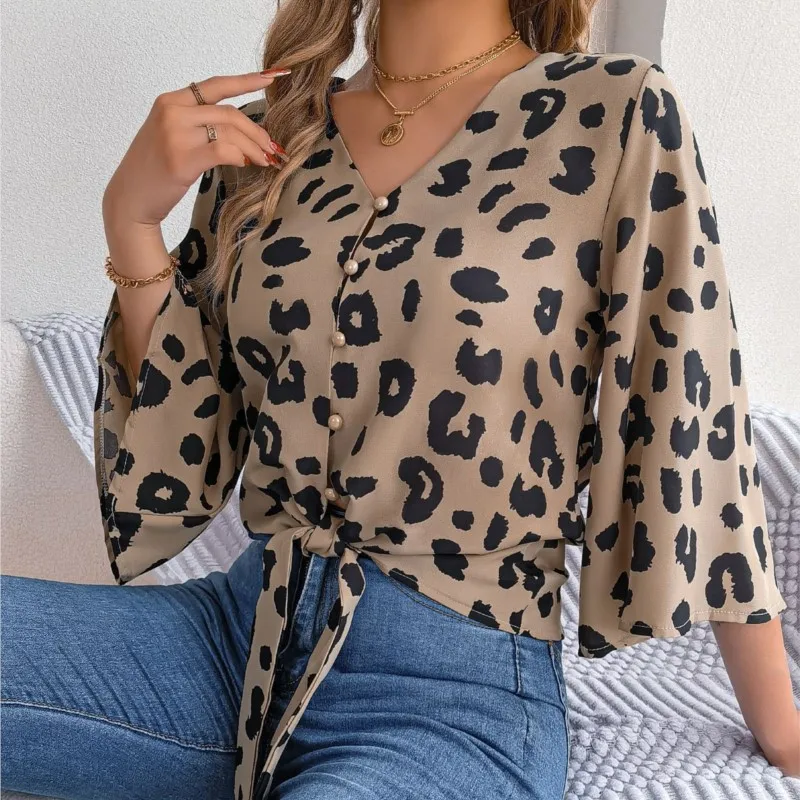 Elegant Flared Sleeve Cardigan Shirt For Women 2024 Autumn Casual Leopard Print Lace Up Chiffon Shirt Top Femme Blusa Chemisier