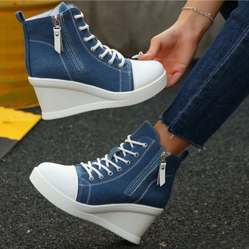 

Fashion Women's Shoes Classic Breathable Canvas Boots Wedge Platform Boots Side Zip Ankle Boots for Women Lace Up Wedge Sneakers