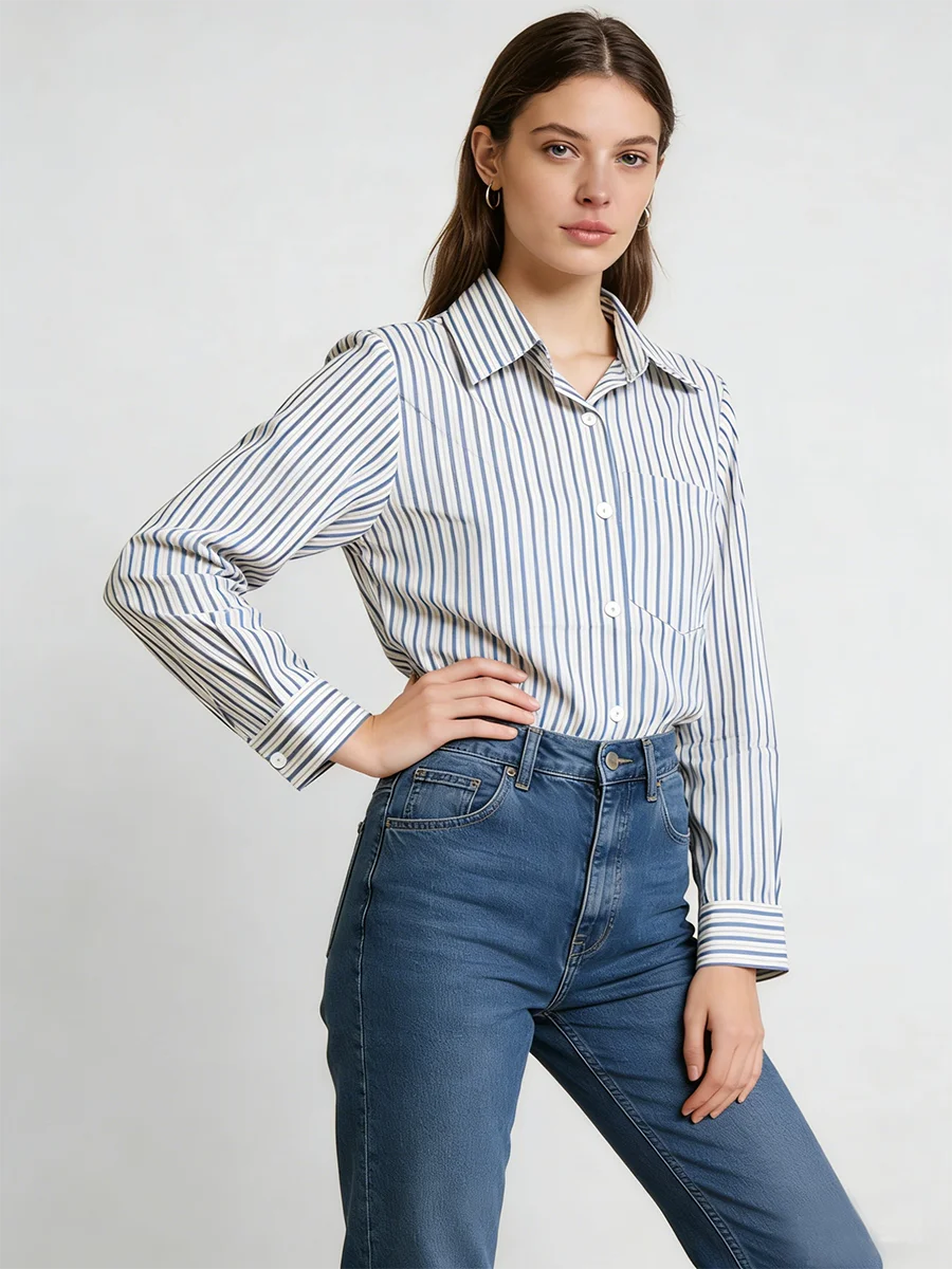 

Women's Striped Long Sleeve Button Down Shirt New Casual Blouse Fashion Office Daily Top Simple Ladies Clothes Korean Top Trendy