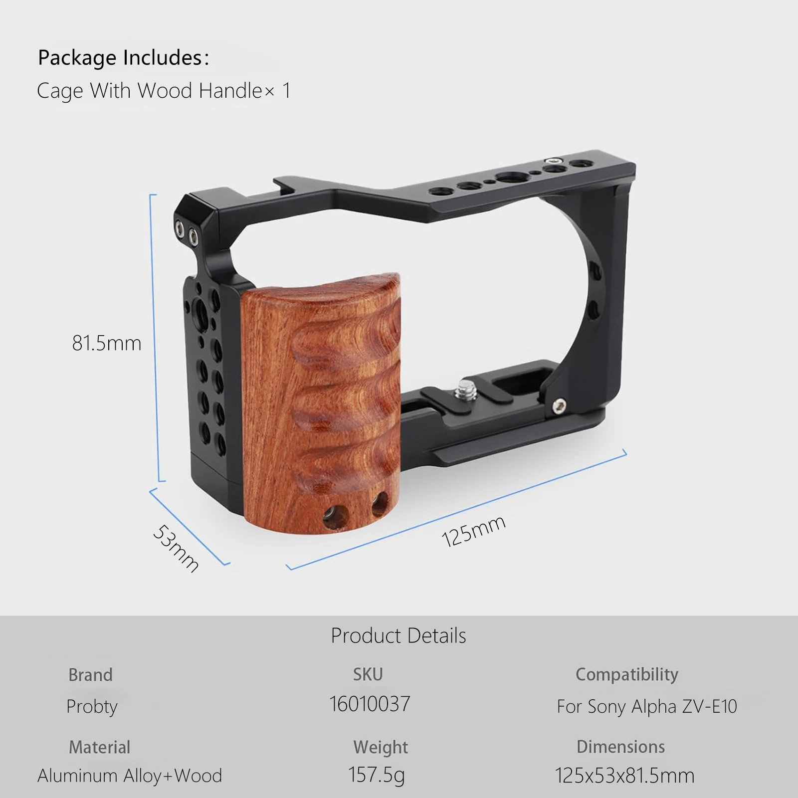 قفص كاميرا Probty ZV-E10 مع قفص بمقبض خشبي لهاتف Sony ZV-E10 مع لوحة باردة مدمجة سريعة التحرير، و1/4 بوصة و3/8 بوصة Thr