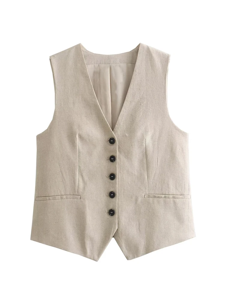 TFMLN Fashion Women Linen Shorts Sets 2024 Vintage Solid Single Breasted V Neck Waistcoat Tops Summer Office Lady Suits