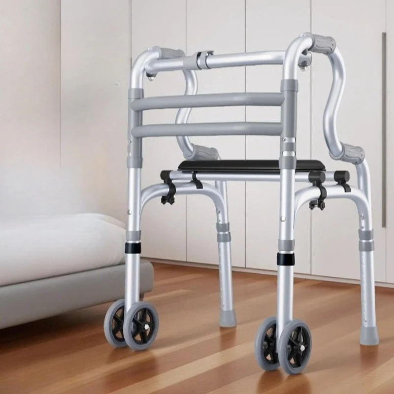 Aluminum Alloy Folding Walkers for Elderly, Lightweight Pulley Non-Slip Simple Household Use Elderly Mobility Aids Crutch Chair