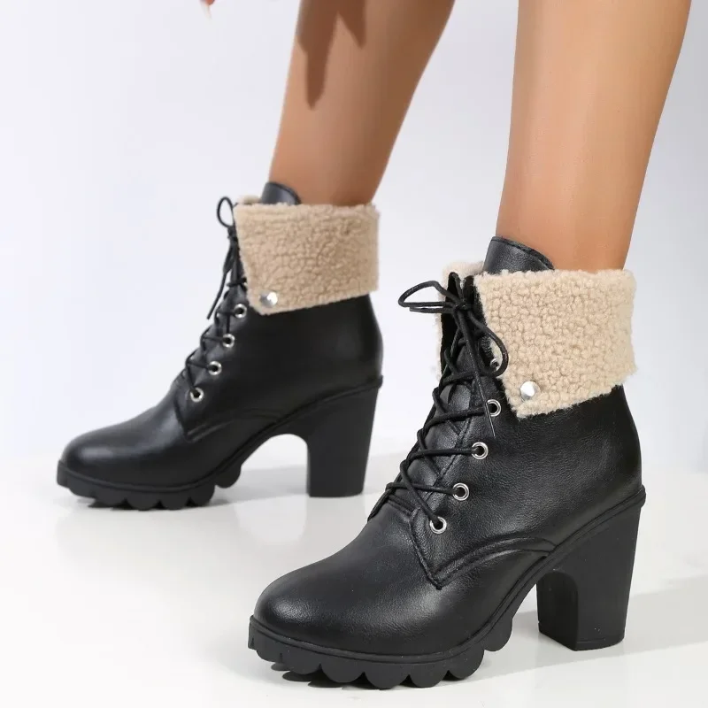 2024 High Quality Shoes Lace Up Women's Boots Winter Round Toe Solid Color Short Tube Thick Heel Large Size Fashion Boots