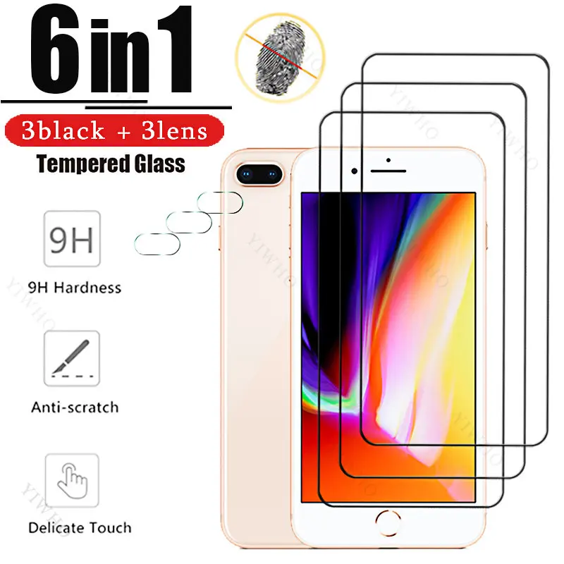 6in1 for IPhone 8 7 6 6s Plus Full Cover Glue Tempered Glass Black HD for Iphone 8plus 7plus Screen Protectors Clear Cmaera Lens