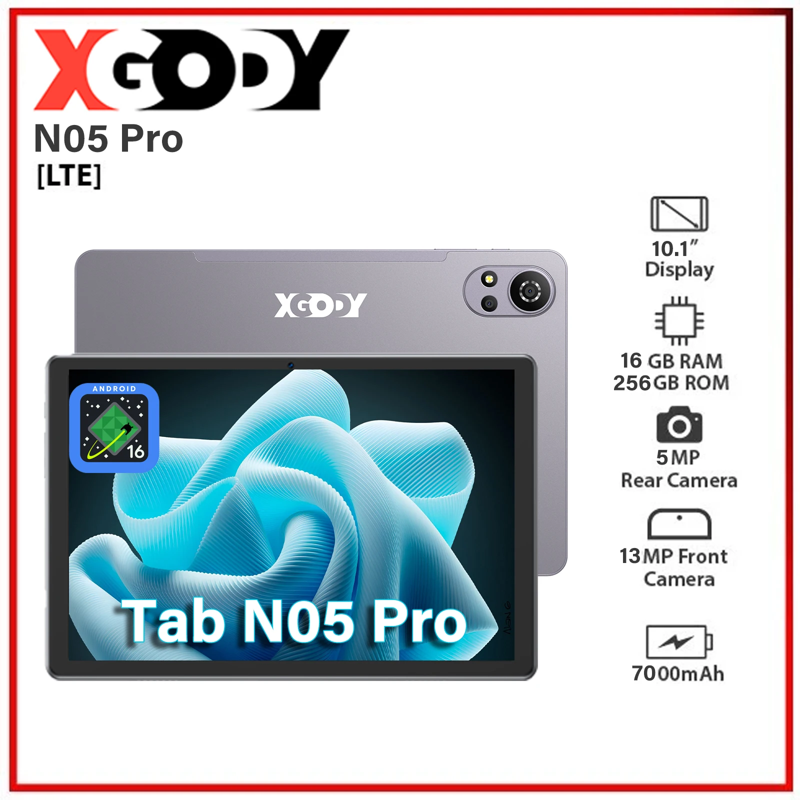 XGODY 2026 N05 Pro Android 16 2-in-1 Tablet 4G LTE 2SIM 10.1 inch 24GB RAM (8+16GB) 256GB ROM 8000mAh Battery Octa Core Tablet