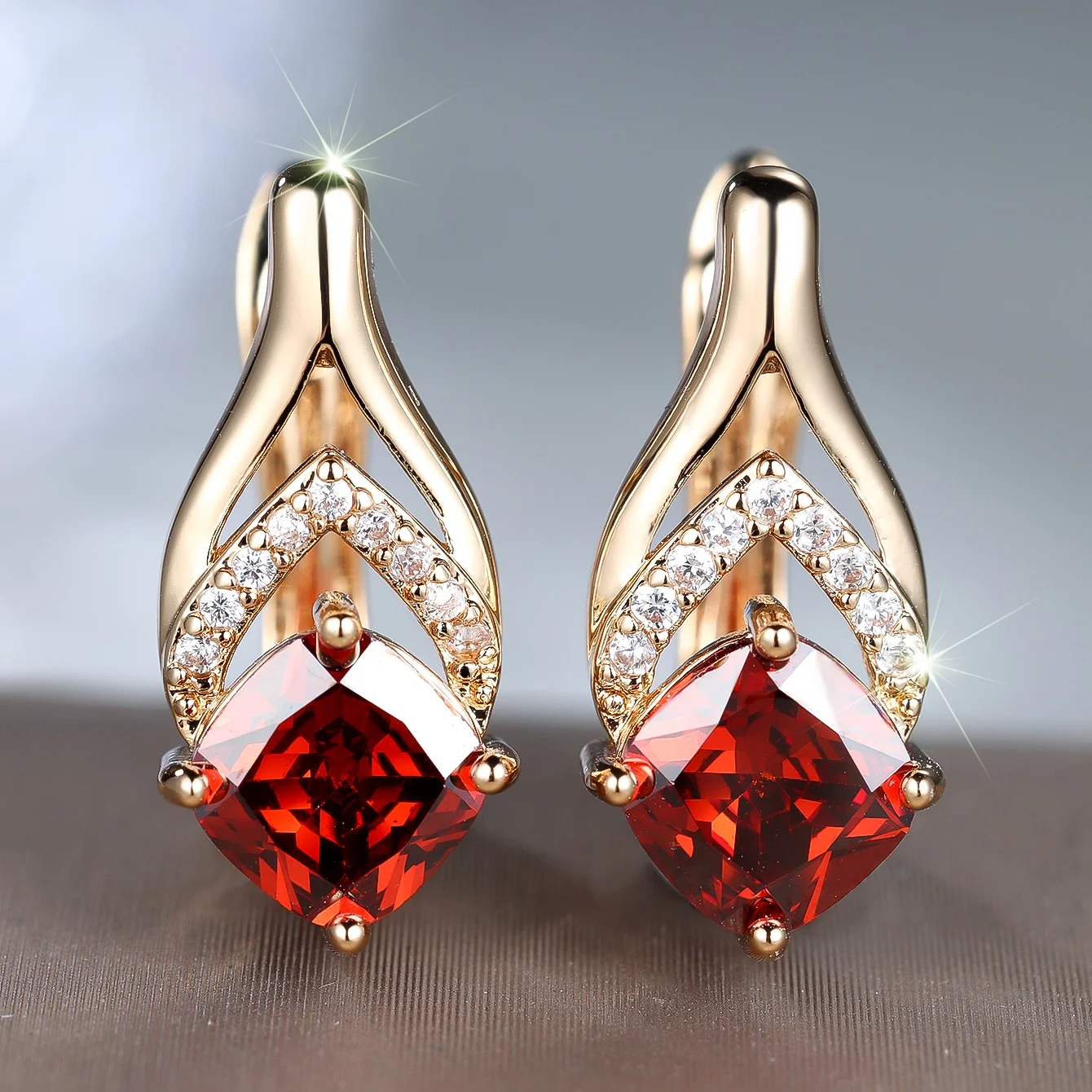 Luxury Female Red White Stone Gold Color Skeleton Hoop Earrings For Women Charm Crystal Zircon Wedding Jewelry