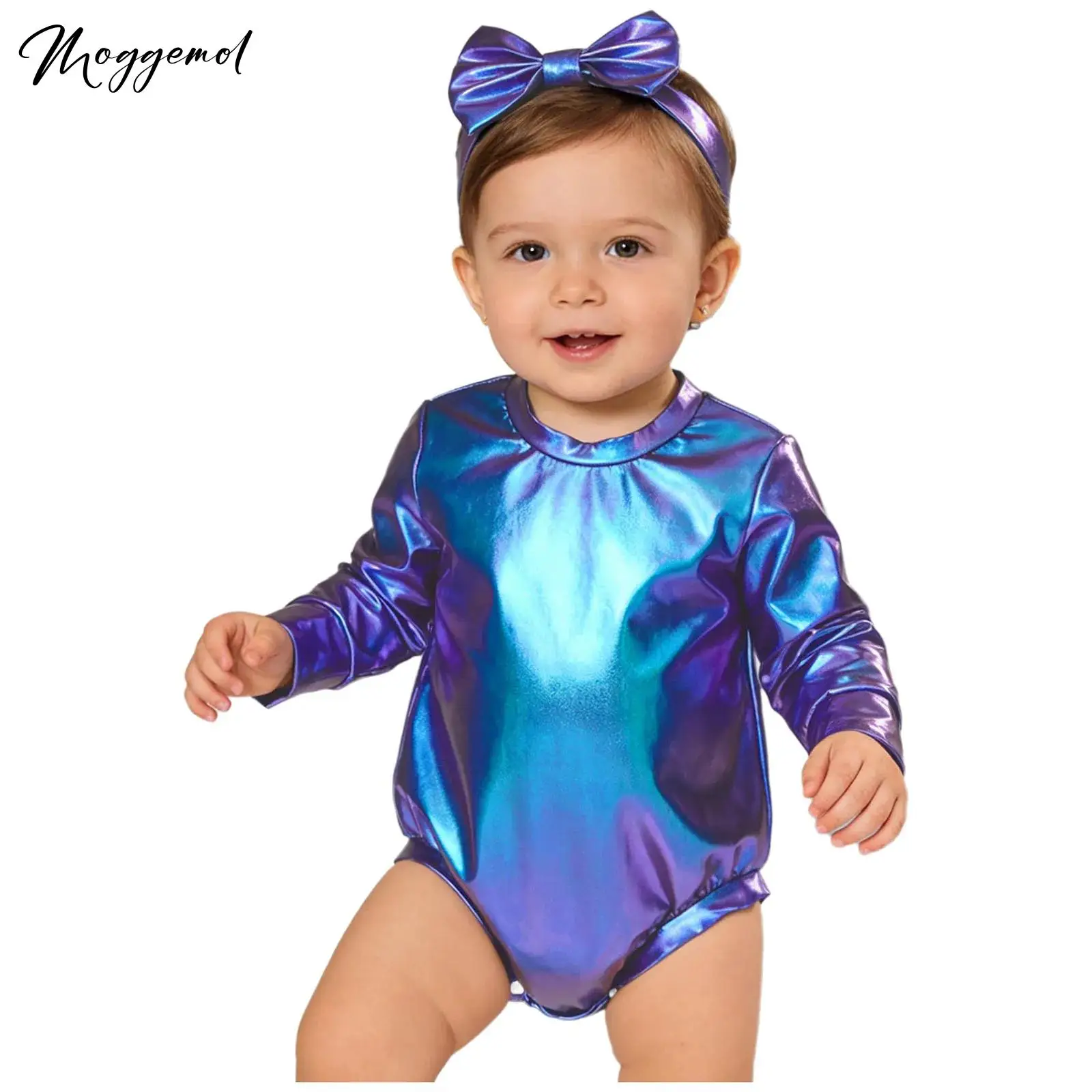 

Toddler Baby Girls Metallic Leotard Birthday Photography Round Neck Long Sleeve Press Buttons Crotch Romper with Bow Headband