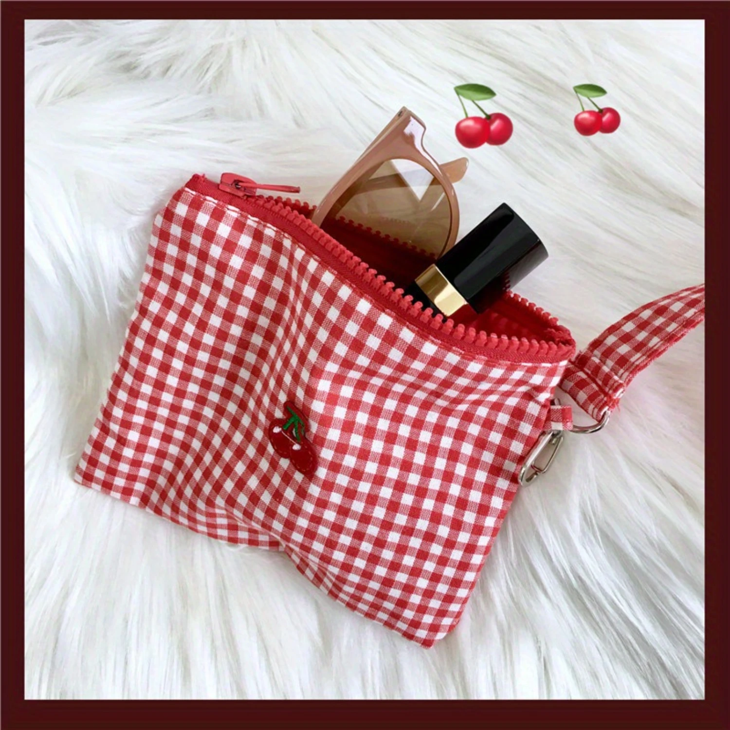 Embroidery Cherry Canvas Makeup Bag Portable Carry-on Red Lattice Large Capacity Cosmetics Lipstick Organizer Bag