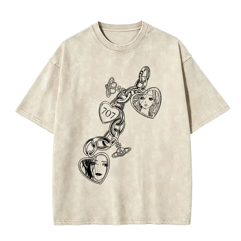 Washed Vintage Anime Black Stones Oosaki Nana T-shirt Men Women Manga Y2k Gothic Rock T-shirts Male Casual Oversized T Shirts