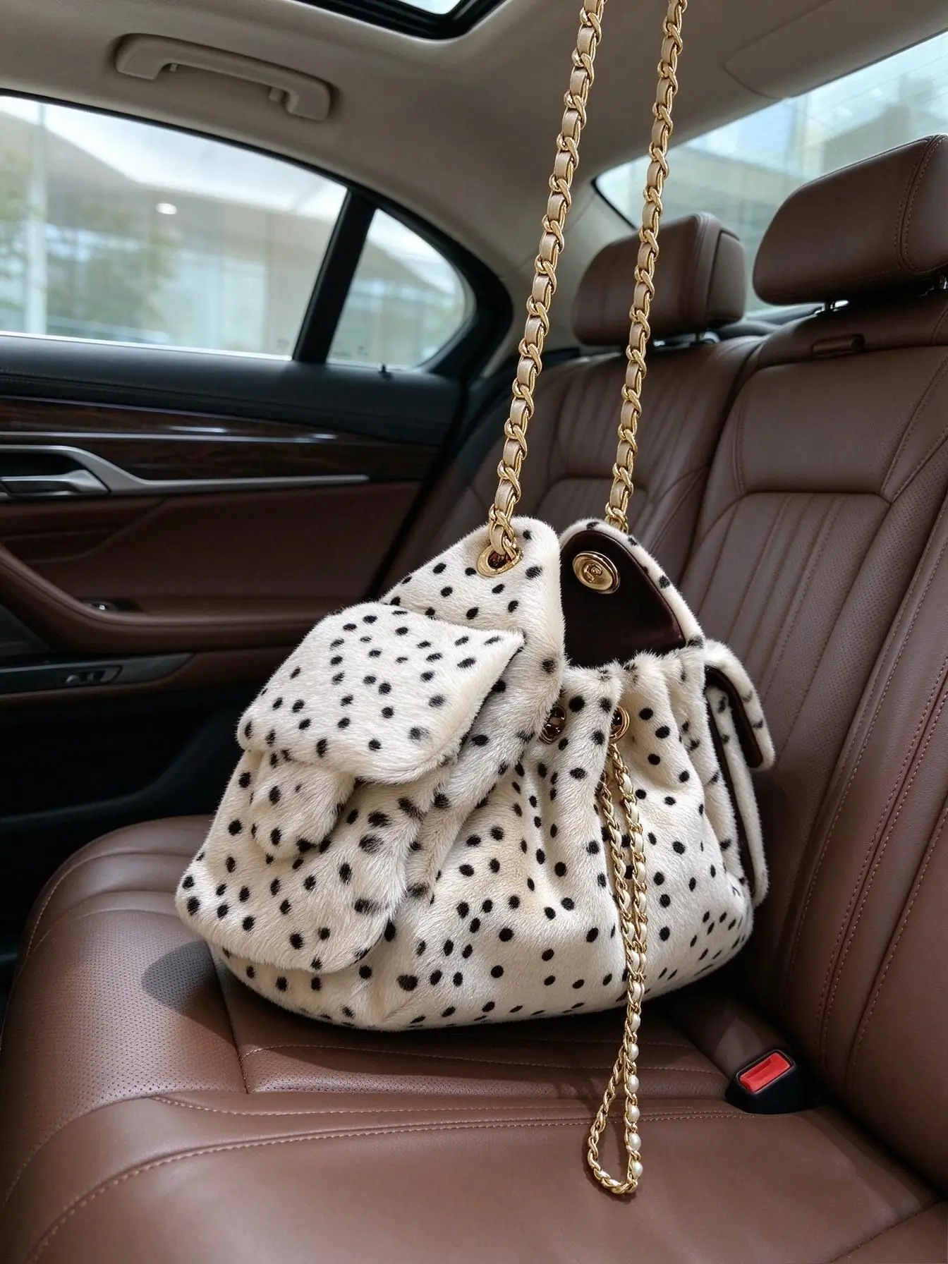 Unisex White Polka Dot Plush Bucket Bag Soft Furry Drawstring Handbag Interwoven Chain Shoulder Crossbody Bag