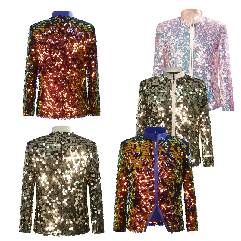 

2025 Fashion Color Block Sequined Zipper Blazer for Men,Coffee/Blue/Pink Singer Bar Stylist Shiny Personalized Zipper Men Jacket