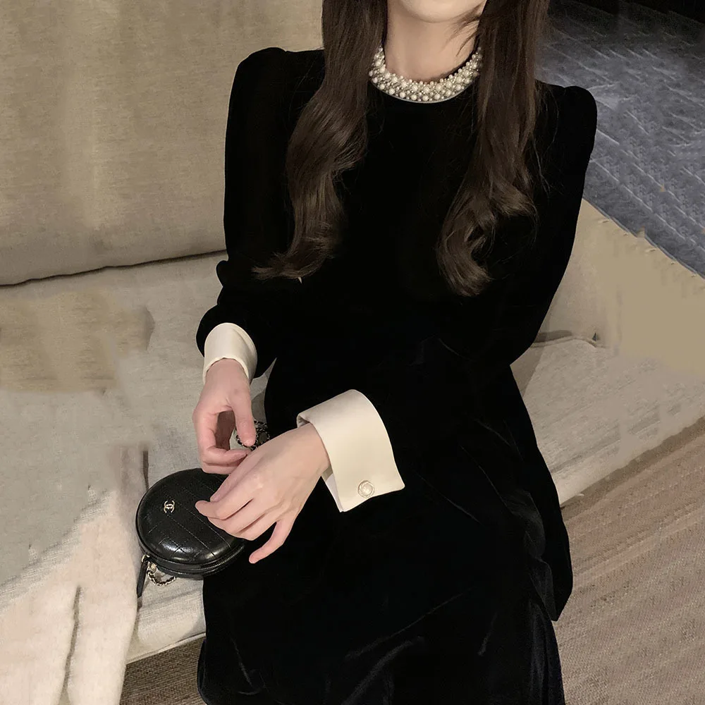 Spring New Korean Mini Princess Dress Ladies Temperament Pearl O Neck Black Velvet Dress Mujer Elegant Pretty Women\'s Dresses