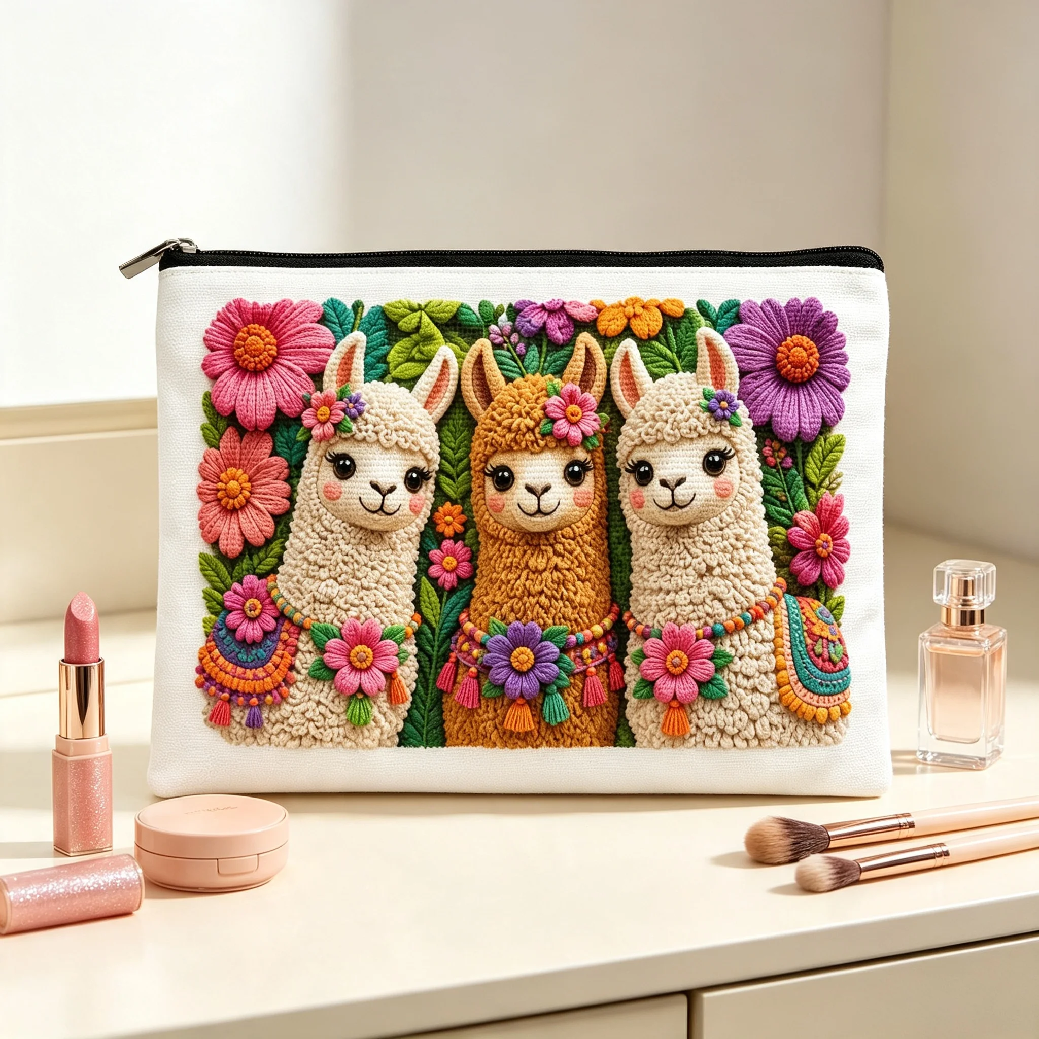 Knit Effect Three Llamas Floral Pattern Canvas Zipper Makeup Pouch Women Portable Travel Cosmetic Bag Daily Toiletry Storage