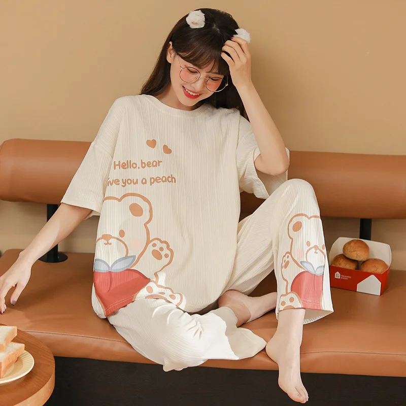 Korean Bear Pattern Sleepwear Fashion Cotton Pajamas Women's Autumn Loungewear Short Sleeved Pants Home Clothes Two Piece Set