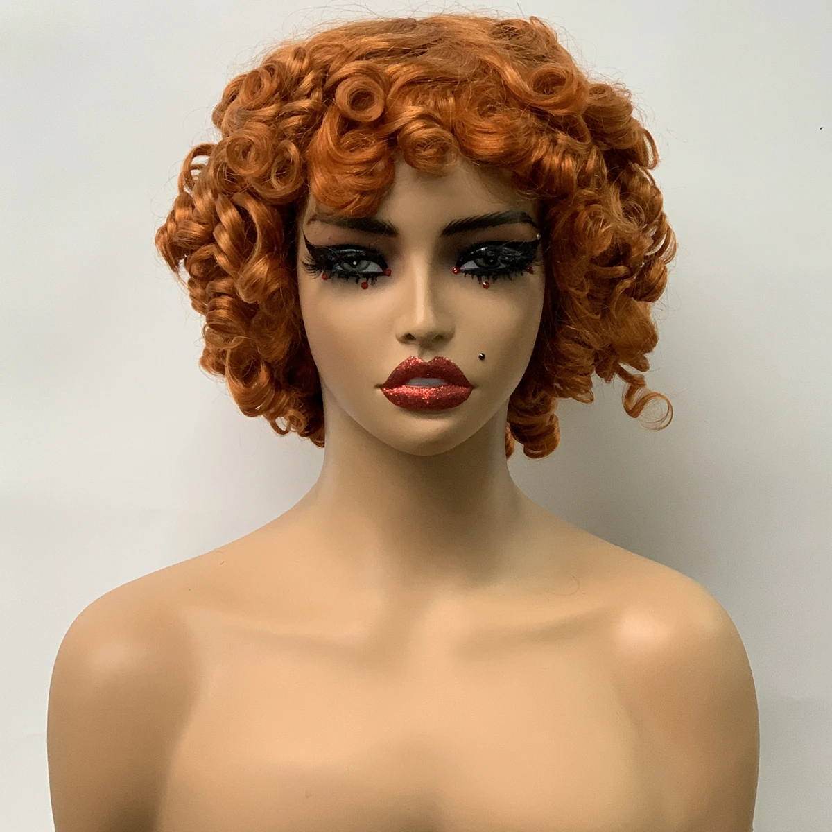 Ginger Orange Machine Made Bob Wigs Brazilian Remy Human Hair Wigs with Bangs 200% Density Bouncy Curly Hair Wig for Black Women