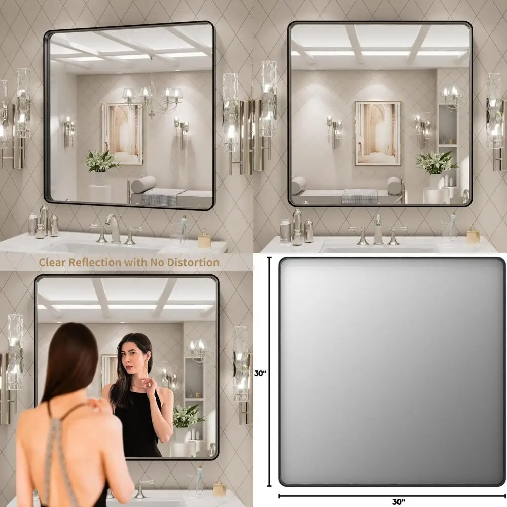 

30x30 Large Matte Black Metal Bathroom Mirror, Rust-Resistant, Versatile Hanging Options