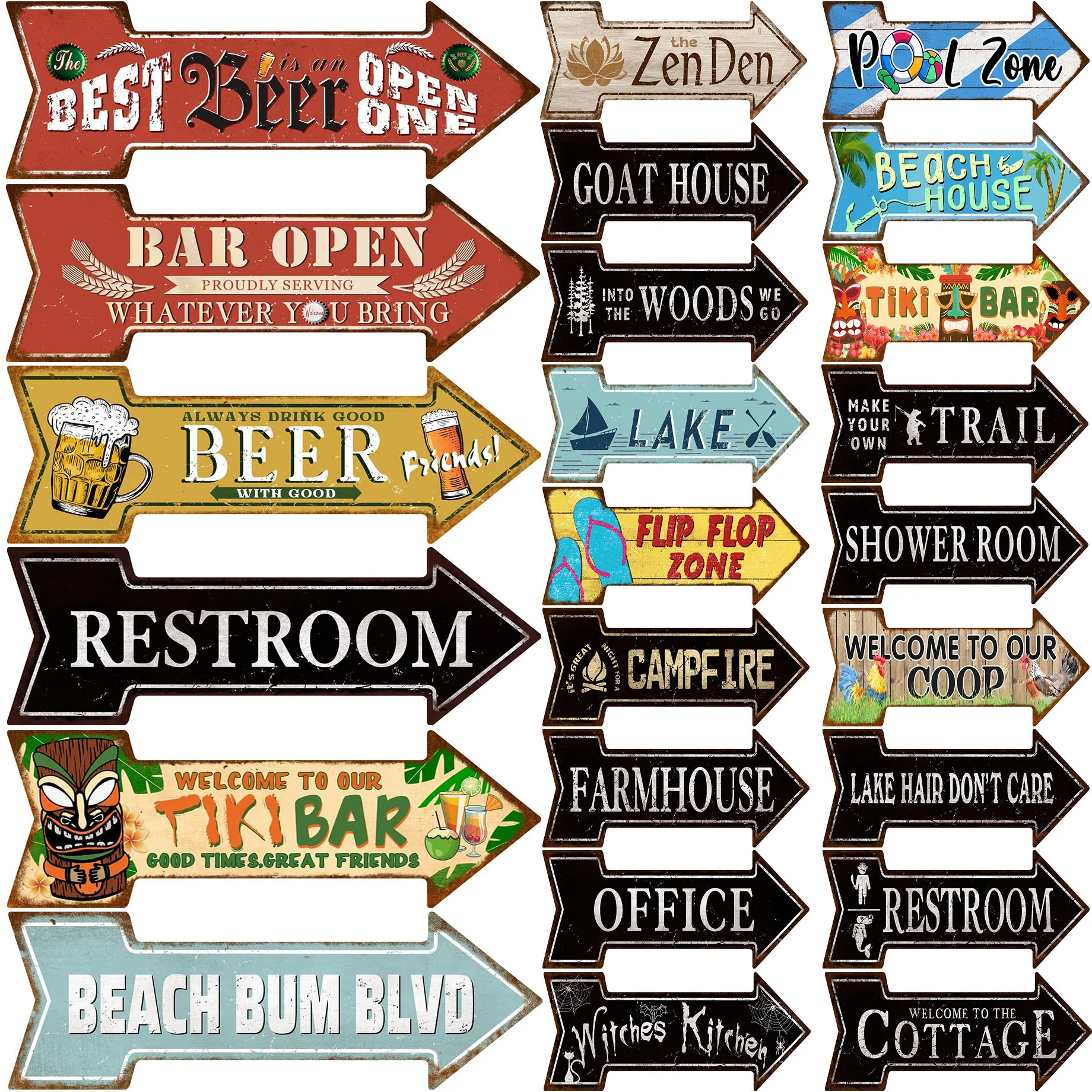 Retro Beer Tiki Bar Open Metal Tin Signs Vintage Street Signs Retro Arrow Directional Signage Funny Tin Sign for Wall Decoration