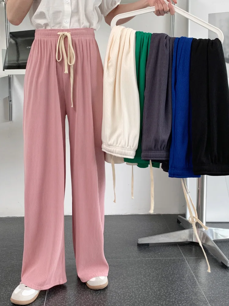 Croysier Pants Women 2022 Drawstring Elastic High Waist Wide Leg Pants Solid Cozy Casual Full Length Trousers Woman Clothes